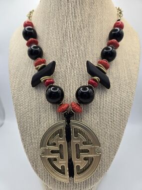 Chico's Black Label Asian-Inspired Black and Red Statement Pendant Necklace